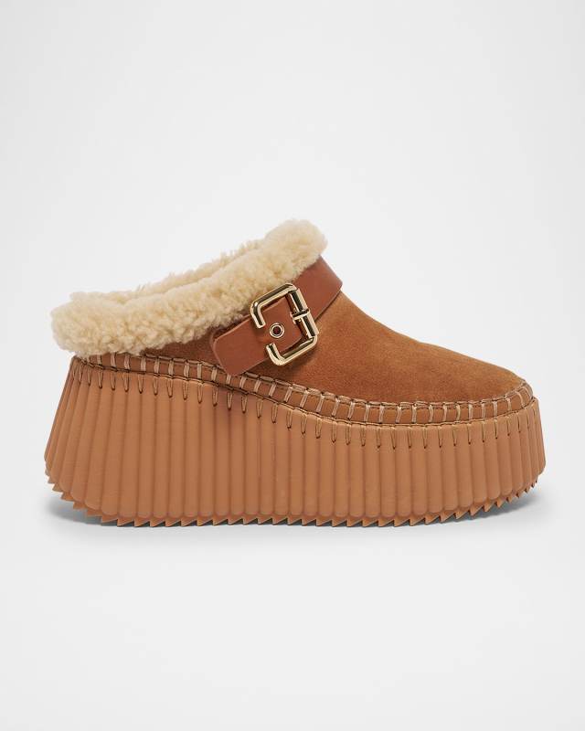 Nama Suede Shearling-Lined Platform Clogs